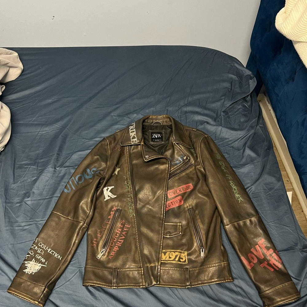 Zara Brown Bomber Jacket with Vintage Embroidered Patches